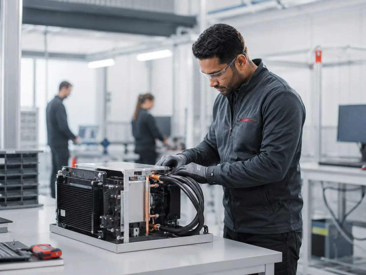 Engineering team collaborating in a modern liquid cooling facility